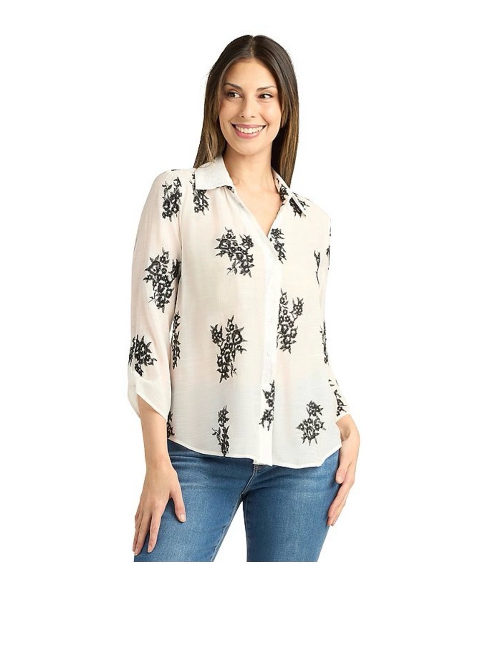 AB Studio White Button-Down Blouse with Black Floral Motif
